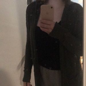 olive green cardigan with hood and pockets.